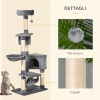 Tiragraffi con Cuccia e Cestino sospeso per Gatti 60x40x154 cm in Peluche Sisal  Grigio