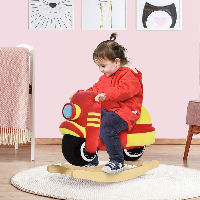 Dondolo per Bambini in Legno Moto in Peluche 60x25,5x48 cm con Suoni  Rosso e Giallo