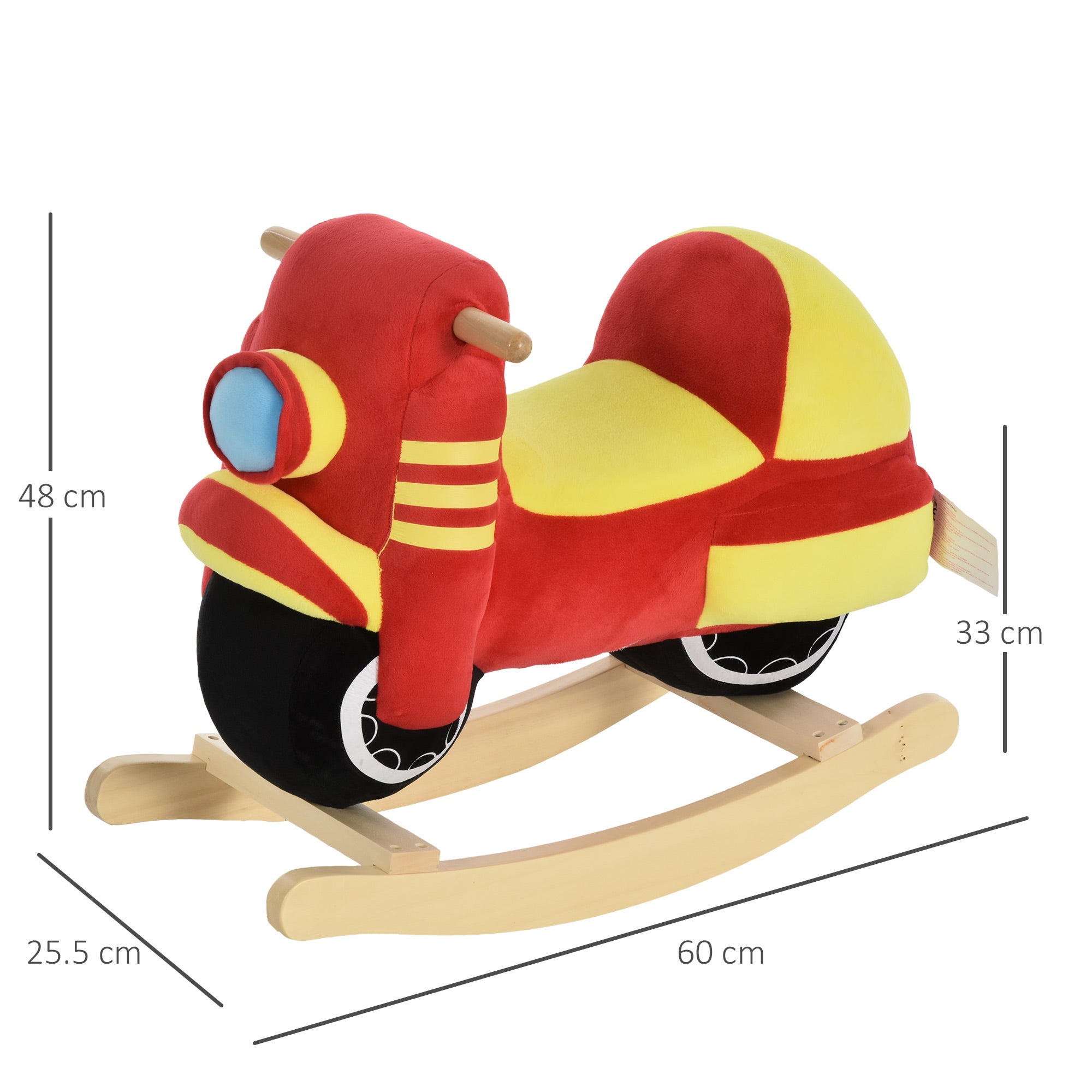 Dondolo per Bambini in Legno Moto in Peluche 60x25,5x48 cm con Suoni  Rosso e Giallo