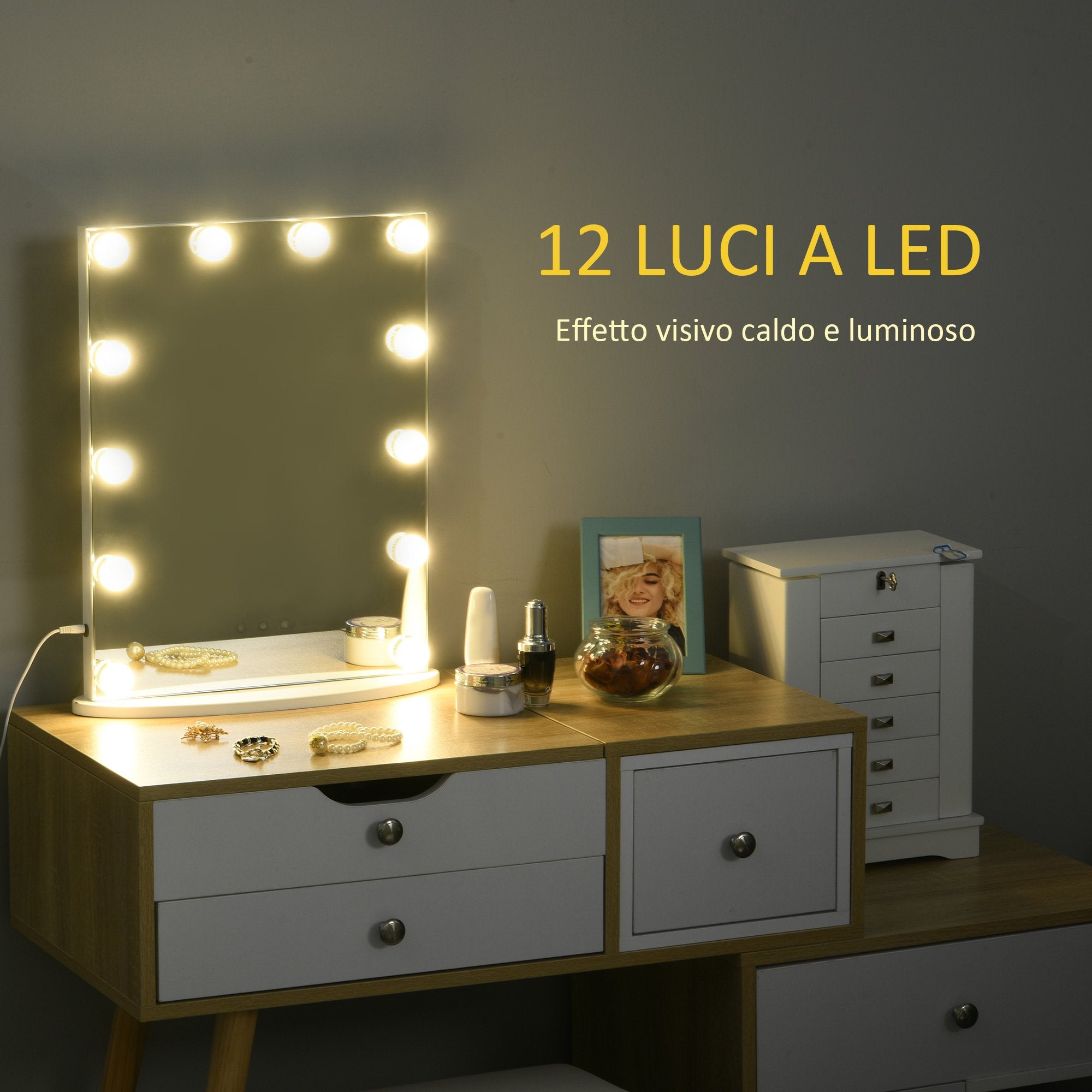 Specchio da Tavolo con LED 41,5x13,5x51 cm per Trucco Make up