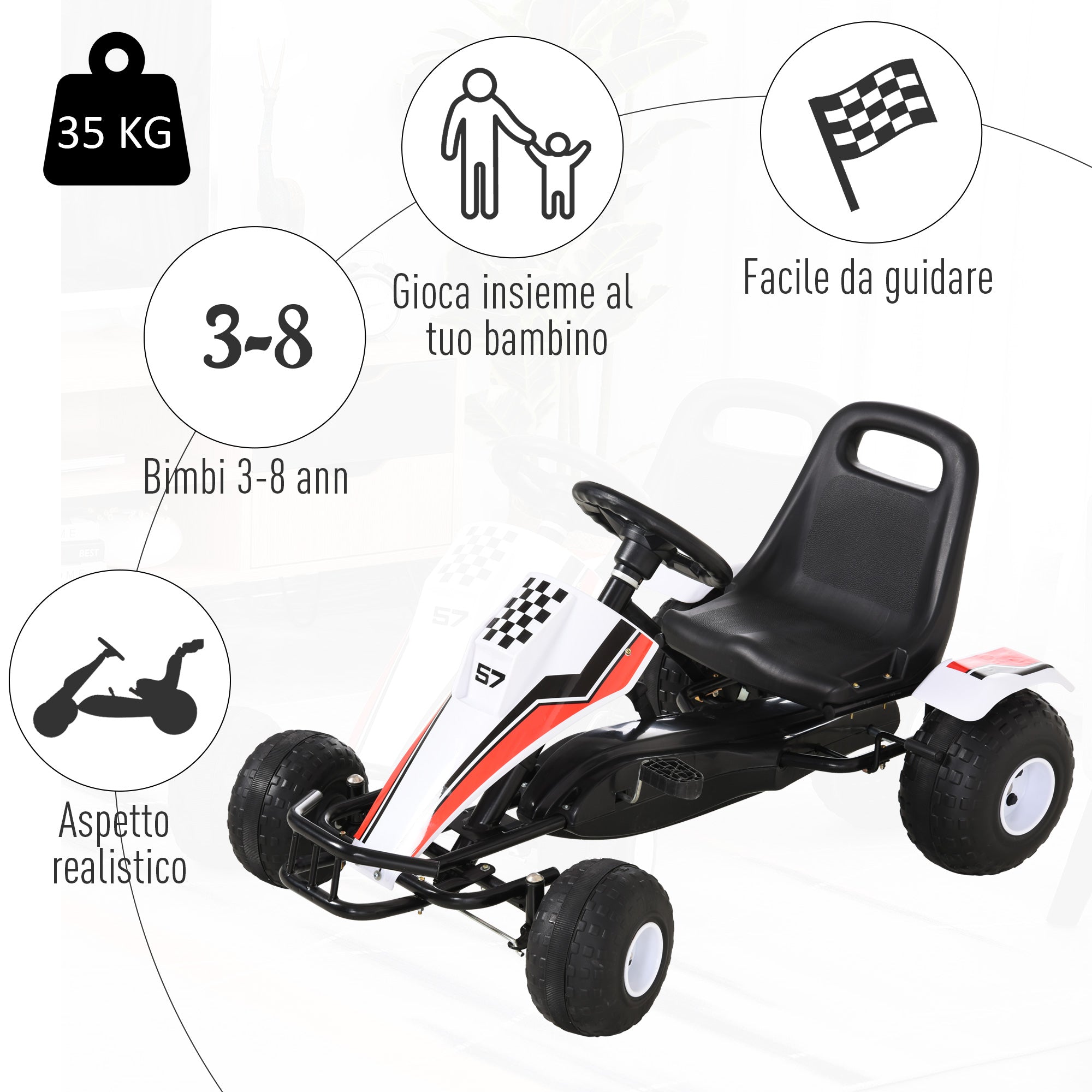 Go-Kart a Pedale per Bambini 104x66x57 cm  Bianco