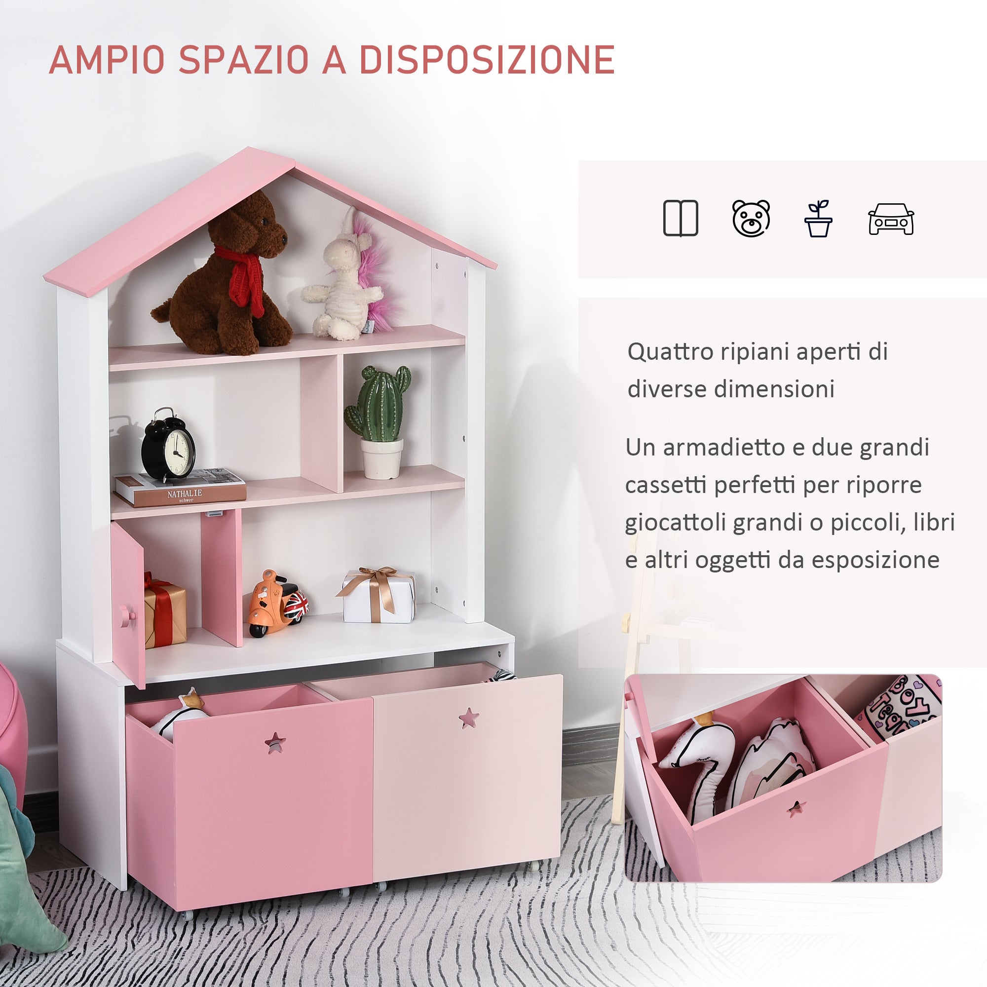 Libreria Scaffale Portagiochi per Cameretta 80x34x130 cm  Rosa