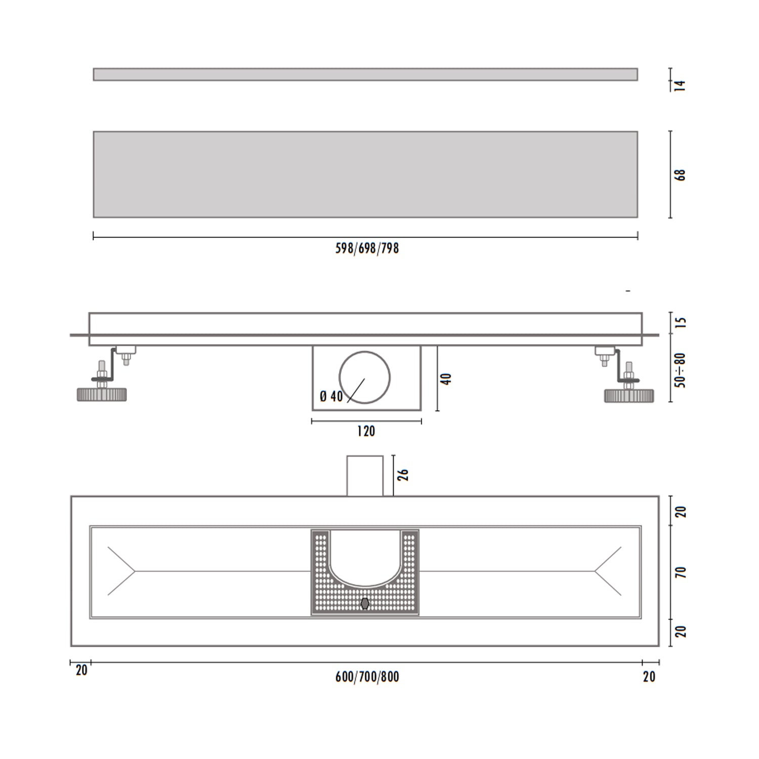 Canalina doccia in acciaio inox con griglia inox lucida da 600 mm