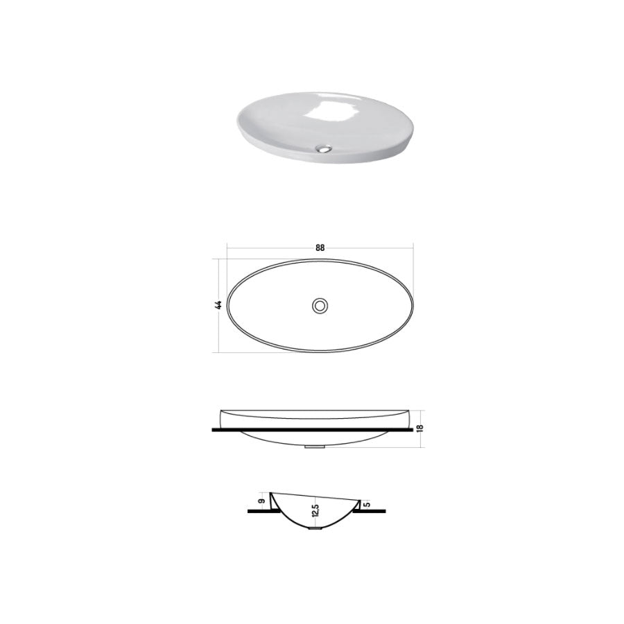 Lavabo sferico semincasso in ceramica bianca lucida 88x44cm serie sfera Disegno-Ceramica