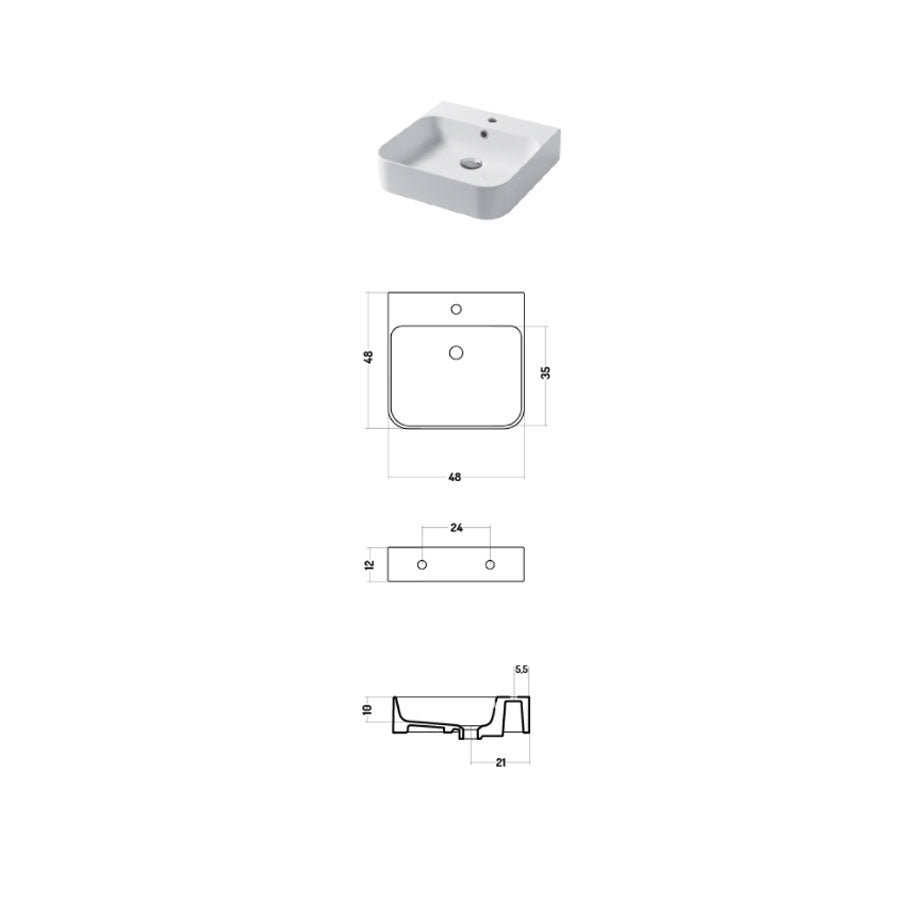 Lavabo quadrato da appoggio o sospeso in ceramica bianca lucida 48x48cm serie Slim Disegno ceramica