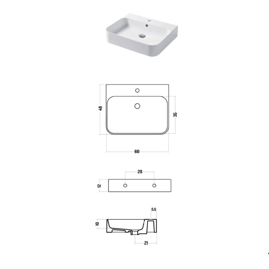 Lavabo da appoggio o sospeso in ceramica bianca lucida 60x48cm serie Slim Disegno ceramica