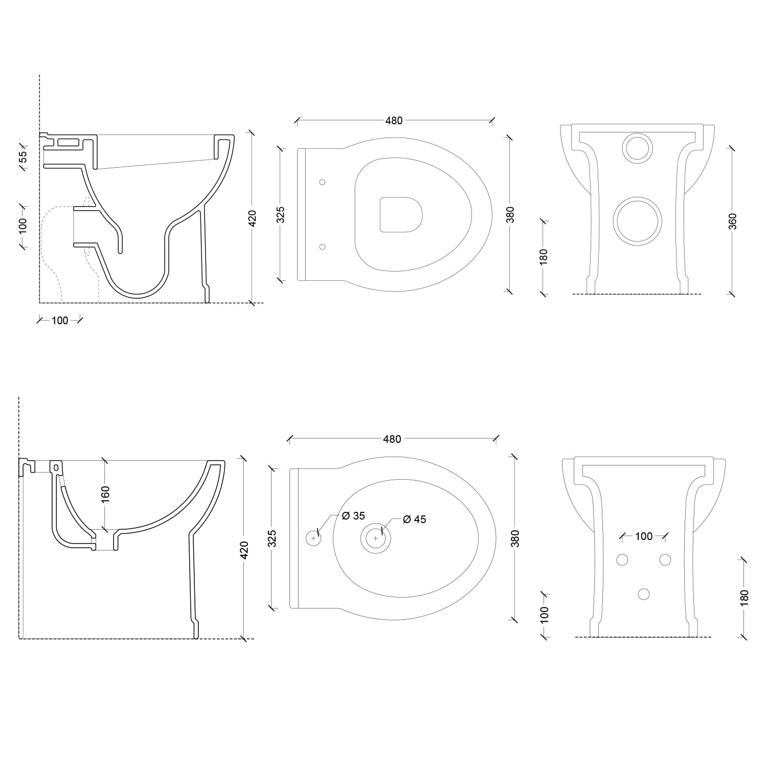 Sanitari filomuro con scarico universale e sedile soft close serie Isola cm 48x38 - Bianco Opaco