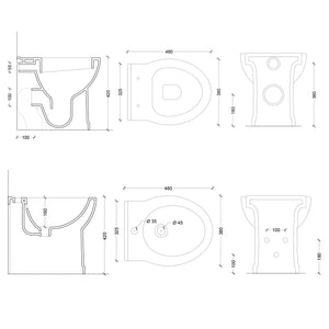 Sanitari filomuro con scarico universale e sedile soft close serie Isola cm 48x38 - Bianco Opaco