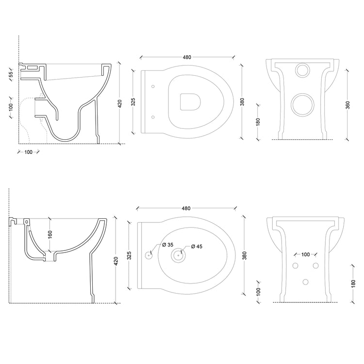 Sanitari filomuro con scarico universale e sedile soft close serie Isola cm 48x38 - Bianco Opaco