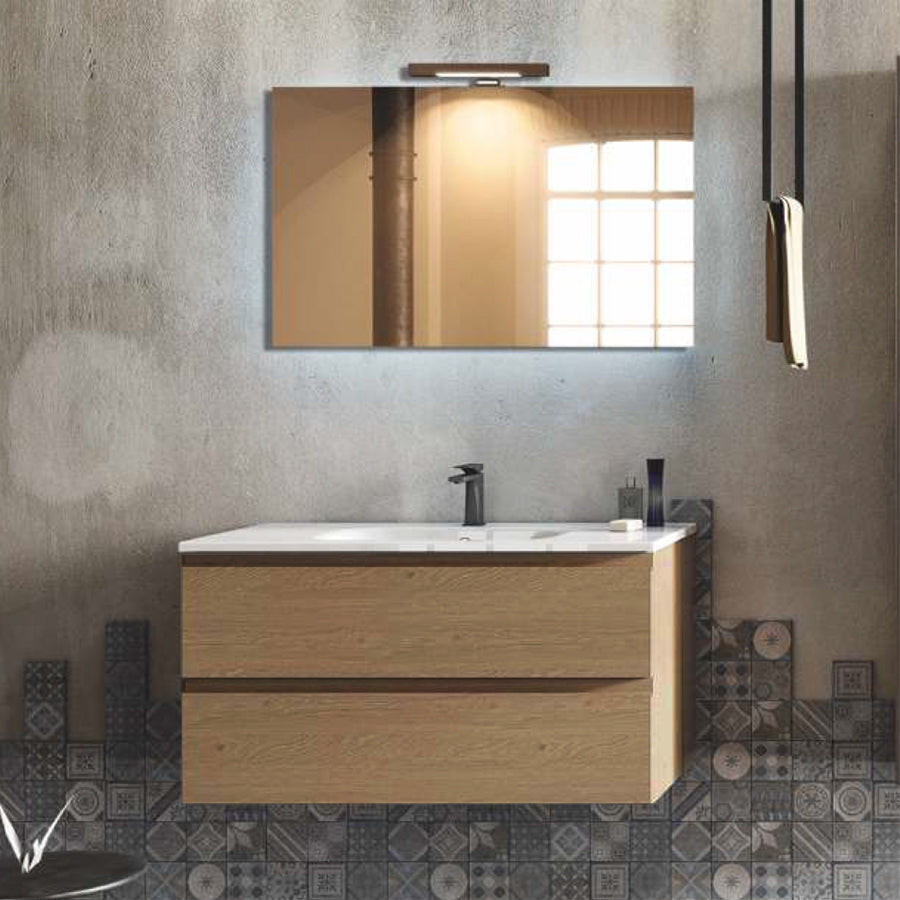 Mobile bagno sospeso modello MirÃ² da 100 cm finitura hacney con lavabo in ceramica,specchio e lampada