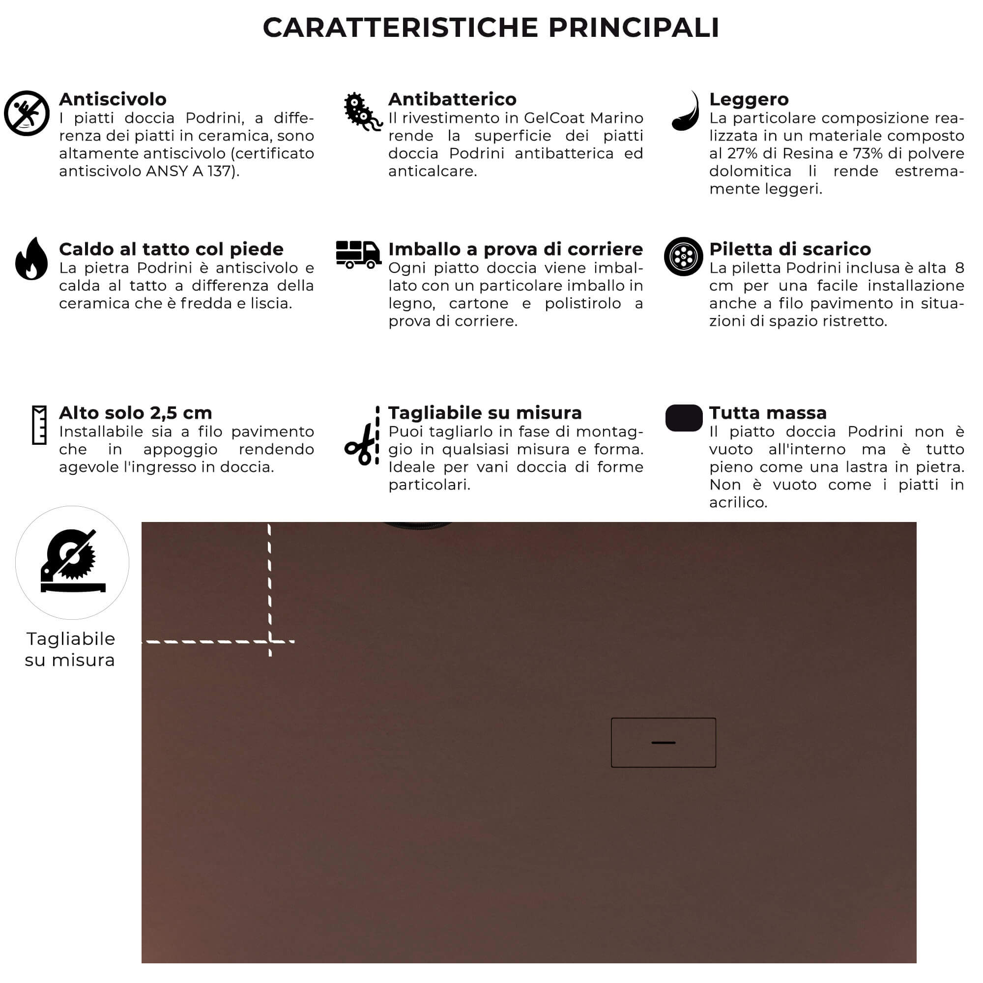 Piatto Doccia in Pietra Bonussi Manila Marrone 70x110 cm