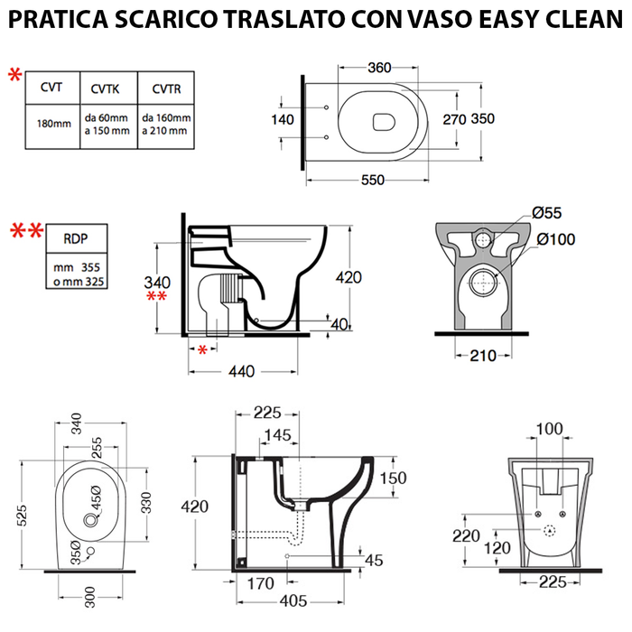 Sanitari Filo Parete Ceramica Azzurra Pratica con scarico traslato senza brida con sedile softclose