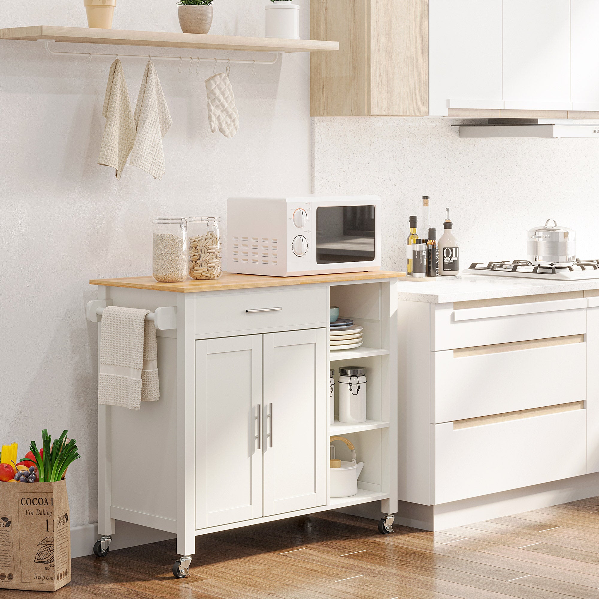 Mobiletto Carrello da Cucina 107,5x48x89 cm con Ruote in Legno MDF  Bianco