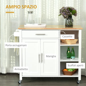 Mobiletto Carrello da Cucina 107,5x48x89 cm con Ruote in Legno MDF  Bianco