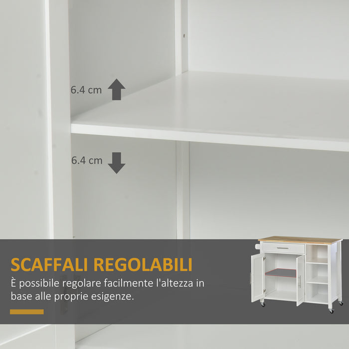 Mobiletto Carrello da Cucina 107,5x48x89 cm con Ruote in Legno MDF  Bianco