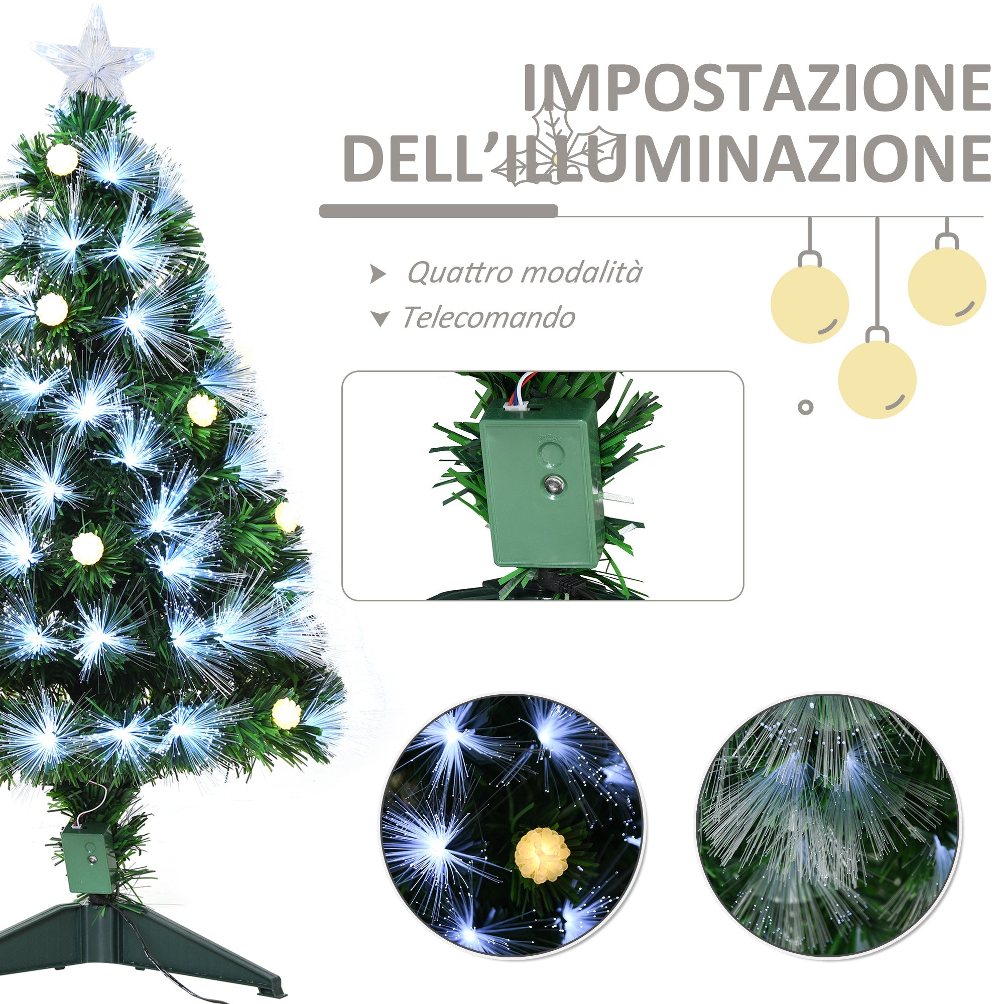 Albero di Natale Artificiale 90 cm 90 Rami con Luce LED Fibre Ottiche  Pino Verde