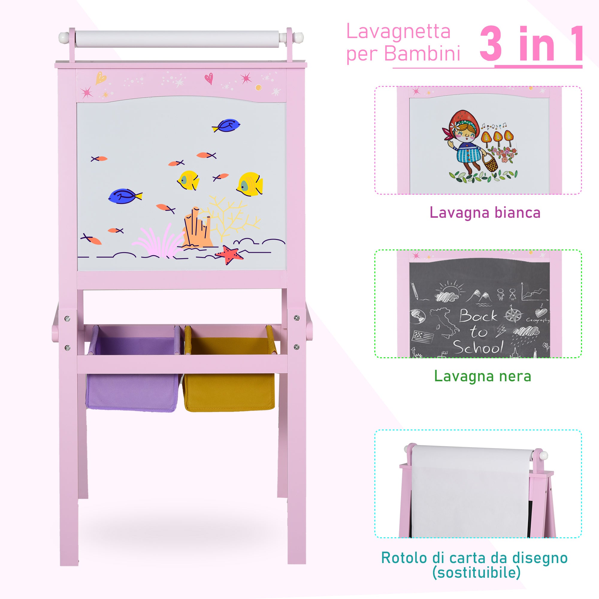 Lavagna per Bambini 3 in 1 con Cavalletto in Legno  Rosa