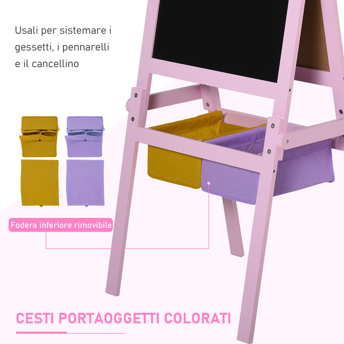 Lavagna per Bambini 3 in 1 con Cavalletto in Legno  Rosa