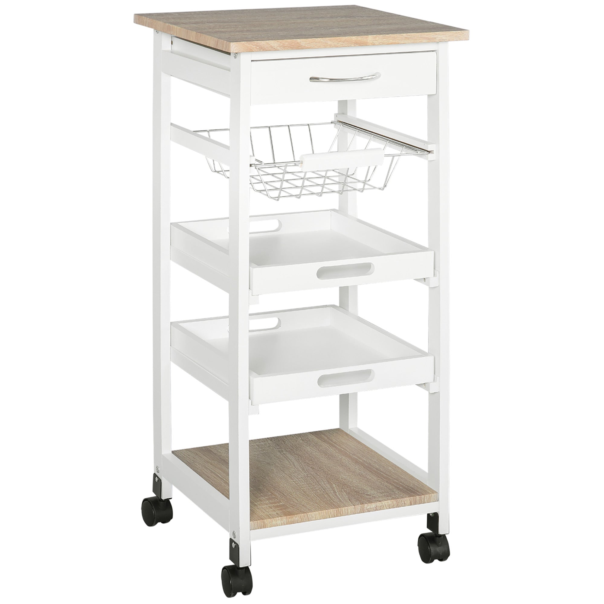 Carrello da Cucina 37x37x82 cm 3 Ripiani 1 Cesta in Legno  Bianco