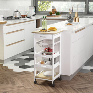 Carrello da Cucina 37x37x82 cm 3 Ripiani 1 Cesta in Legno  Bianco