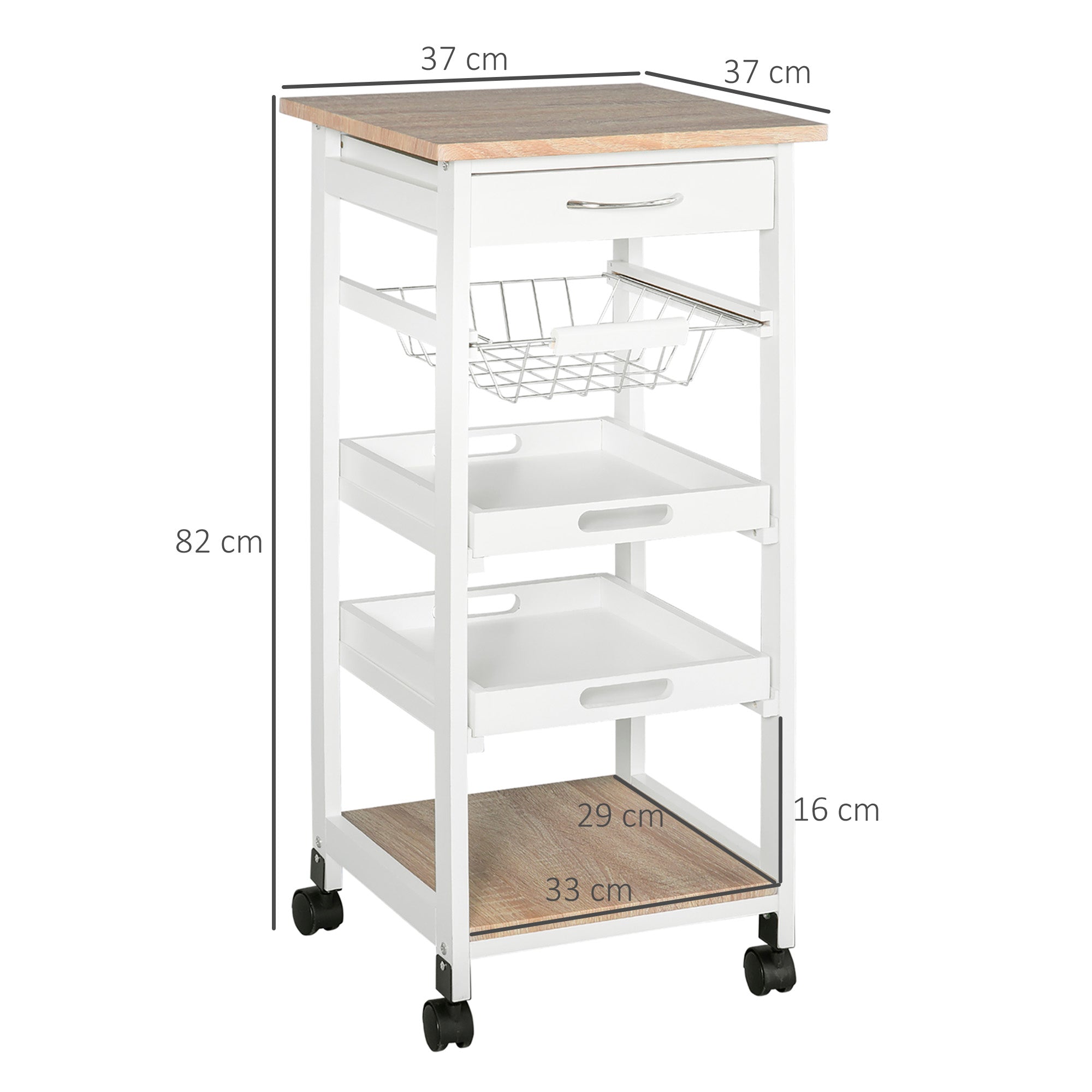 Carrello da Cucina 37x37x82 cm 3 Ripiani 1 Cesta in Legno  Bianco