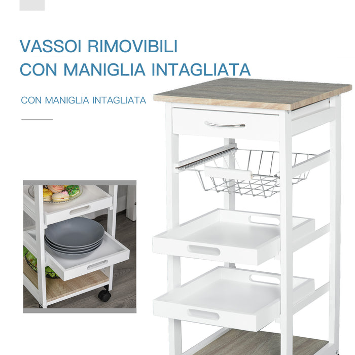 Carrello da Cucina 37x37x82 cm 3 Ripiani 1 Cesta in Legno  Bianco