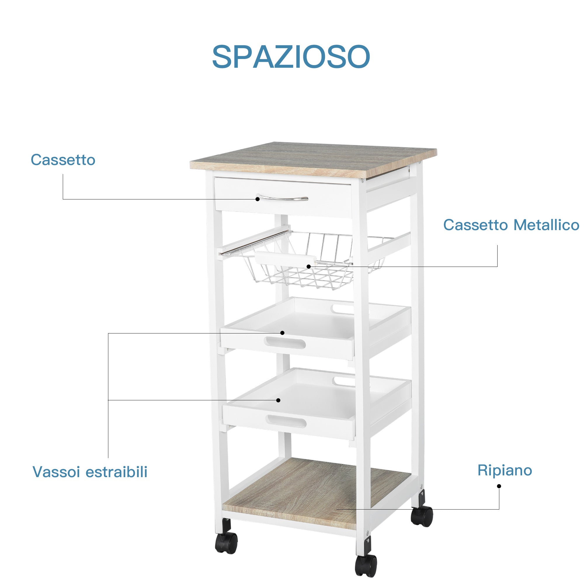 Carrello da Cucina 37x37x82 cm 3 Ripiani 1 Cesta in Legno  Bianco