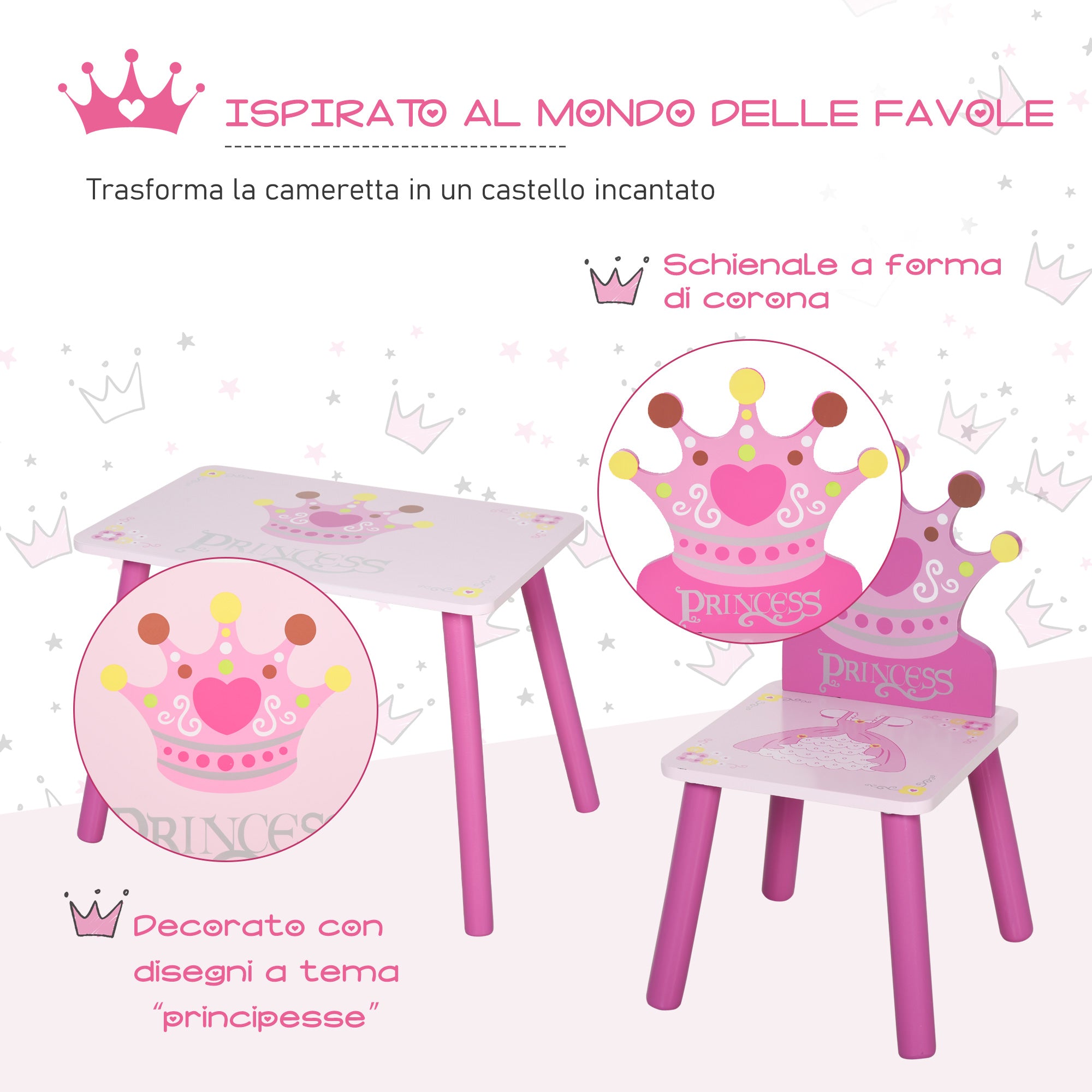 Set Tavolino e 2 Sedie per Bambini in Legno  Rosa