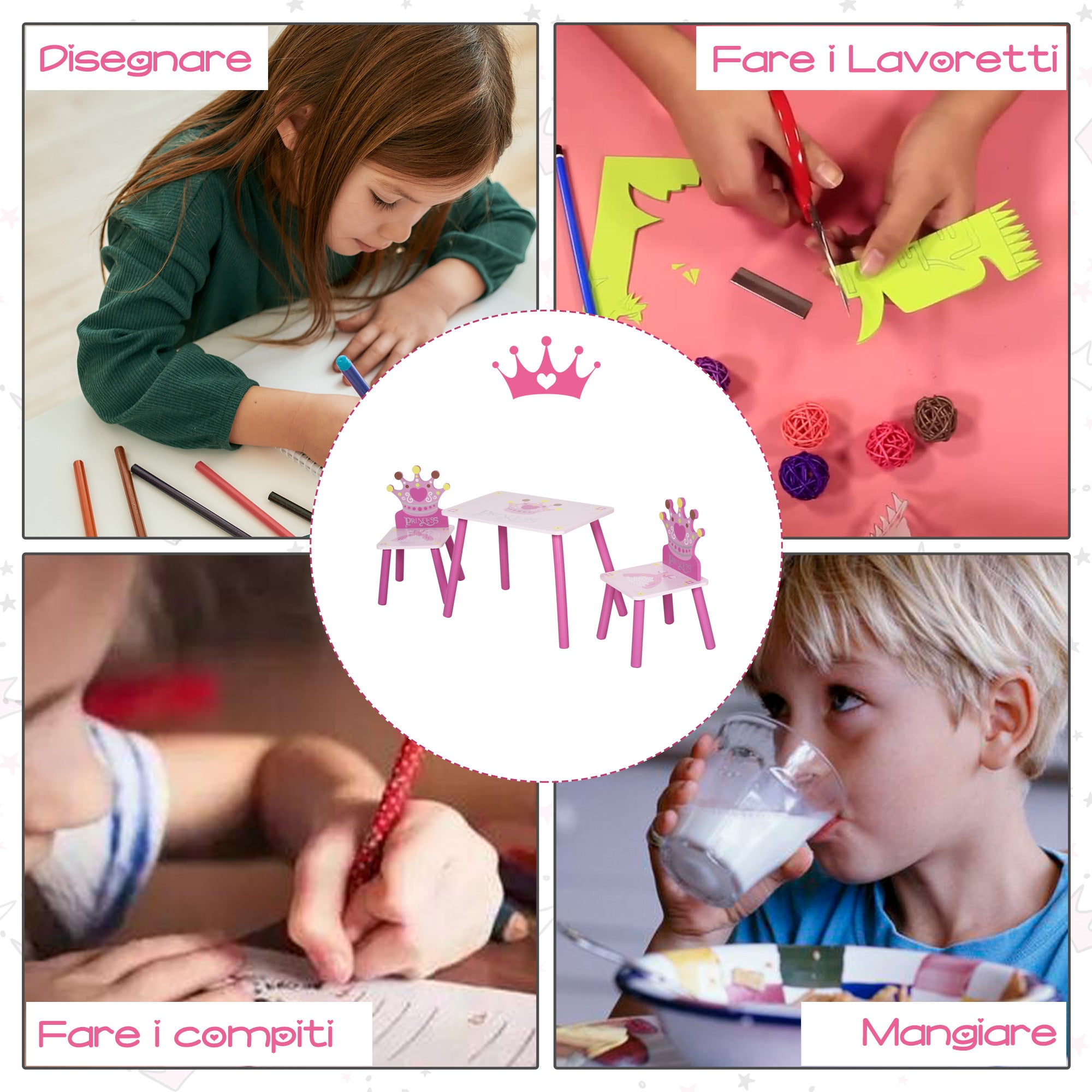 Set Tavolino e 2 Sedie per Bambini in Legno  Rosa