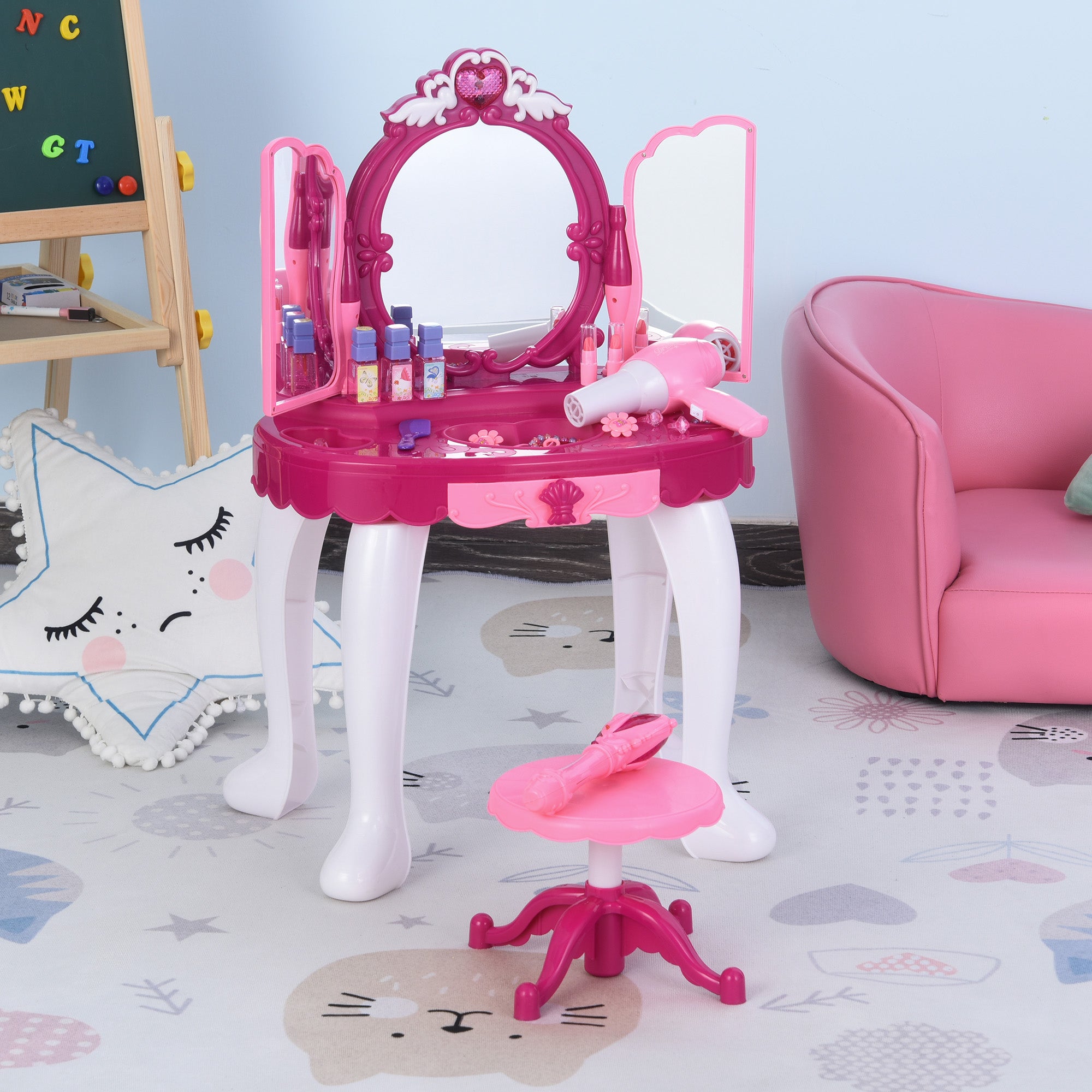 Postazione Trucco Specchiera Giocattolo per Bambini con Sgabello e Accessori  Rosa
