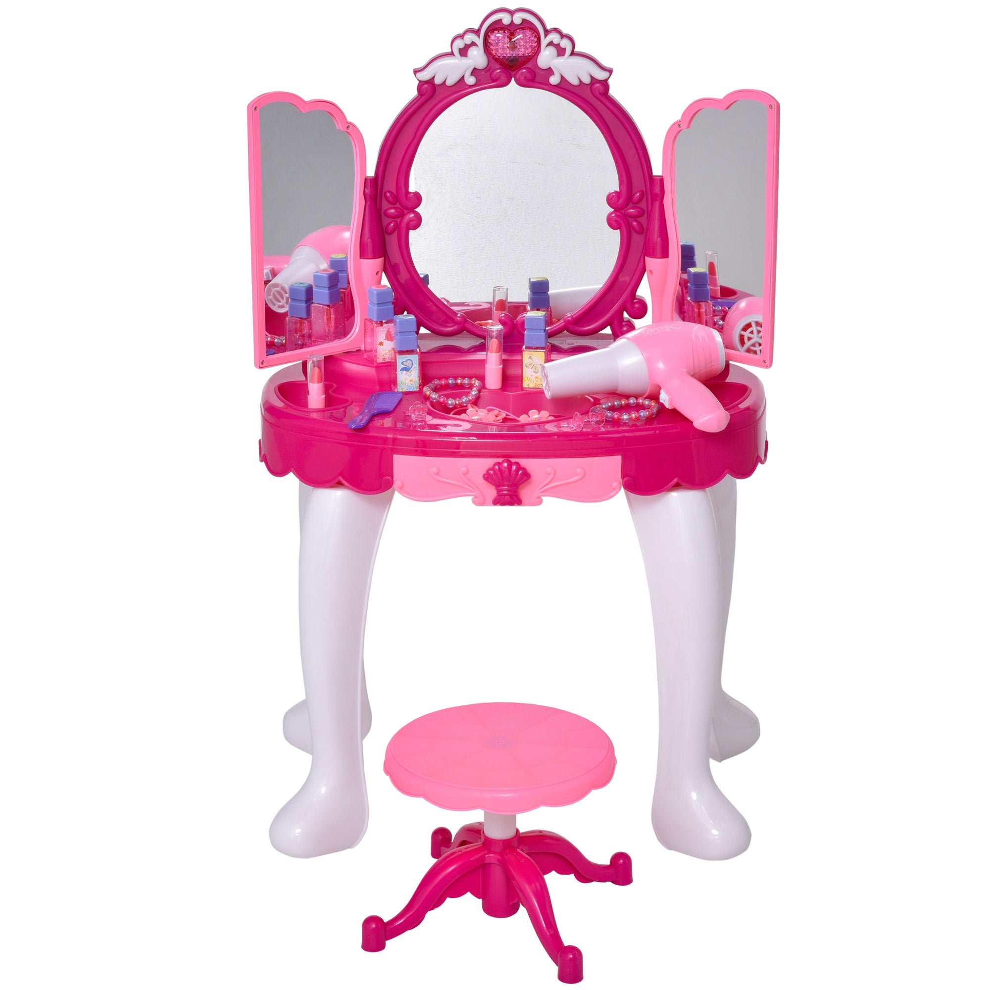 Postazione Trucco Specchiera Giocattolo per Bambini con Sgabello e Accessori  Rosa