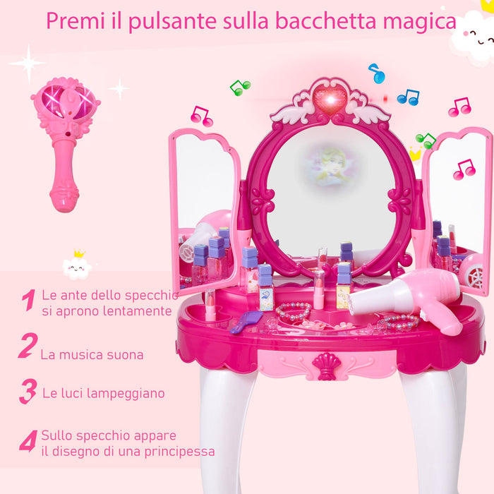 Postazione Trucco Specchiera Giocattolo per Bambini con Sgabello e Accessori  Rosa