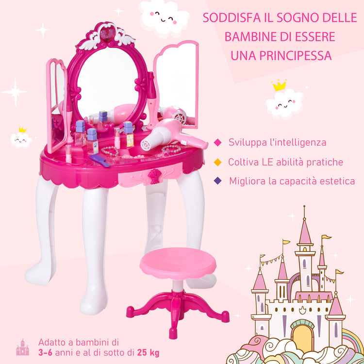 Postazione Trucco Specchiera Giocattolo per Bambini con Sgabello e Accessori  Rosa