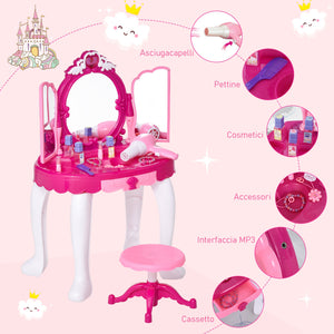 Postazione Trucco Specchiera Giocattolo per Bambini con Sgabello e Accessori  Rosa