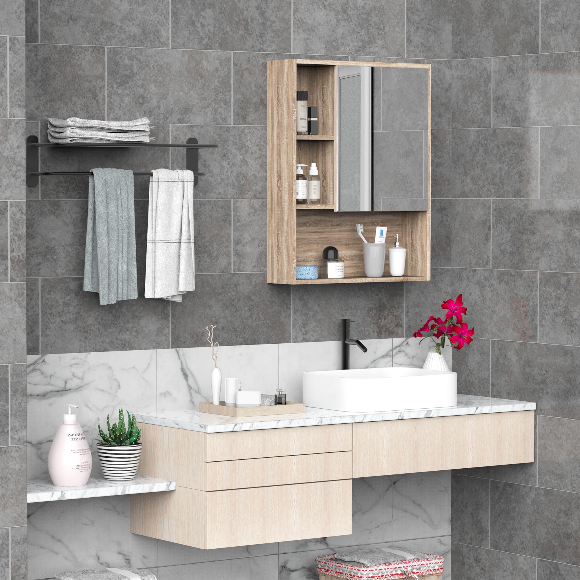 Specchio Armadietto da Bagno 60x15x76 cm Pensile con Scaffali  Rovere