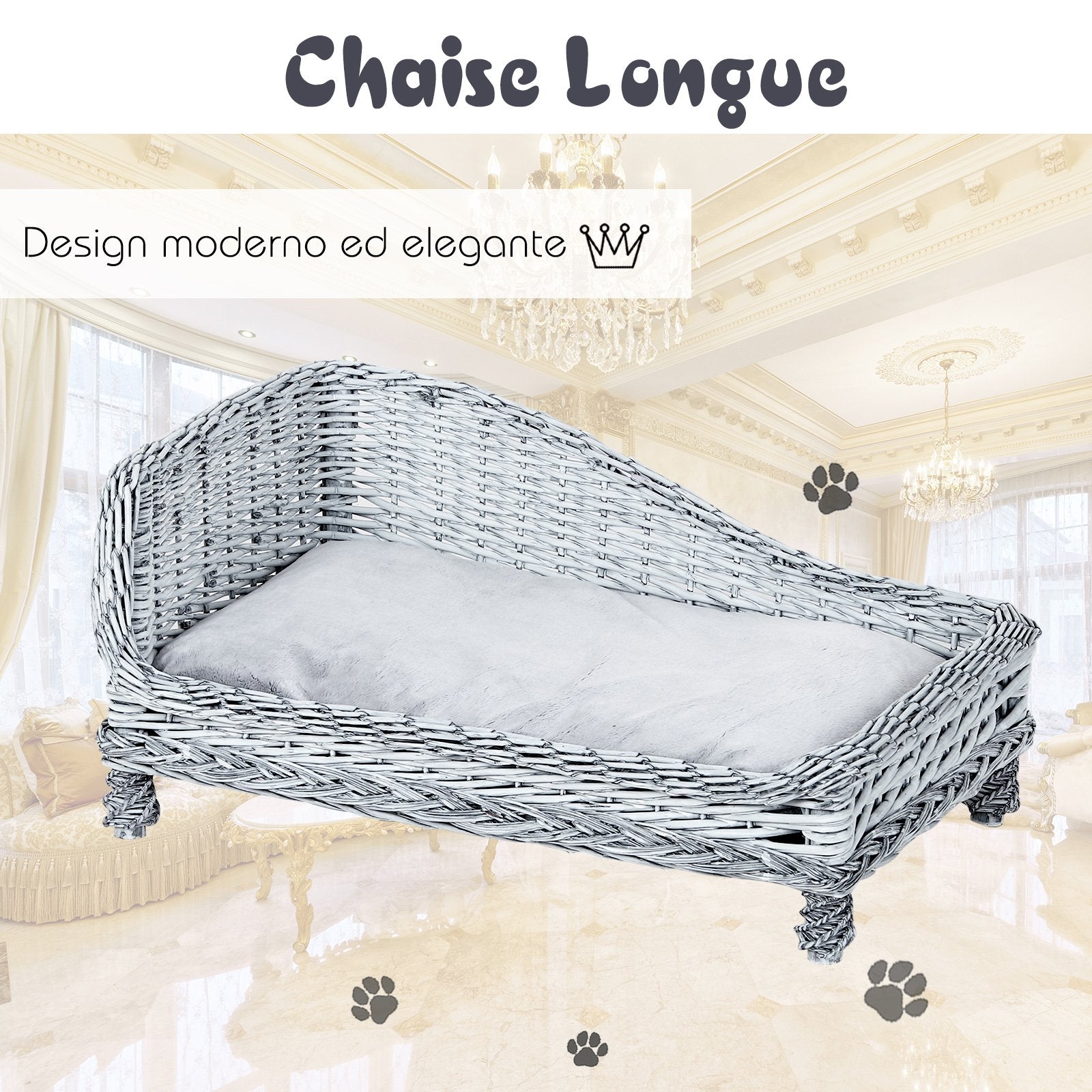 Cuccia Chaise Longue per Animali Domestici 69x42x33 cm in Vimini  Grigia