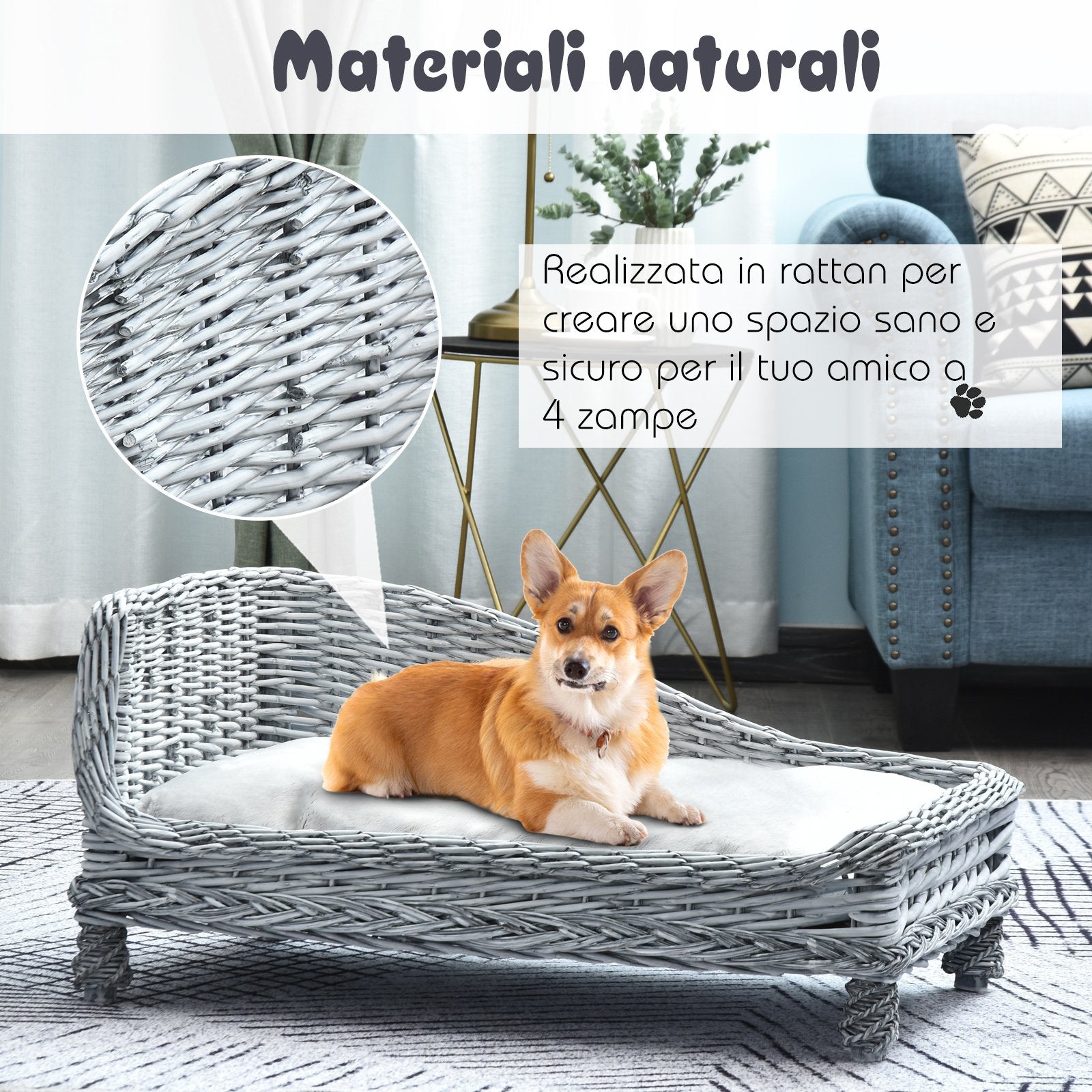 Cuccia Chaise Longue per Animali Domestici 69x42x33 cm in Vimini  Grigia