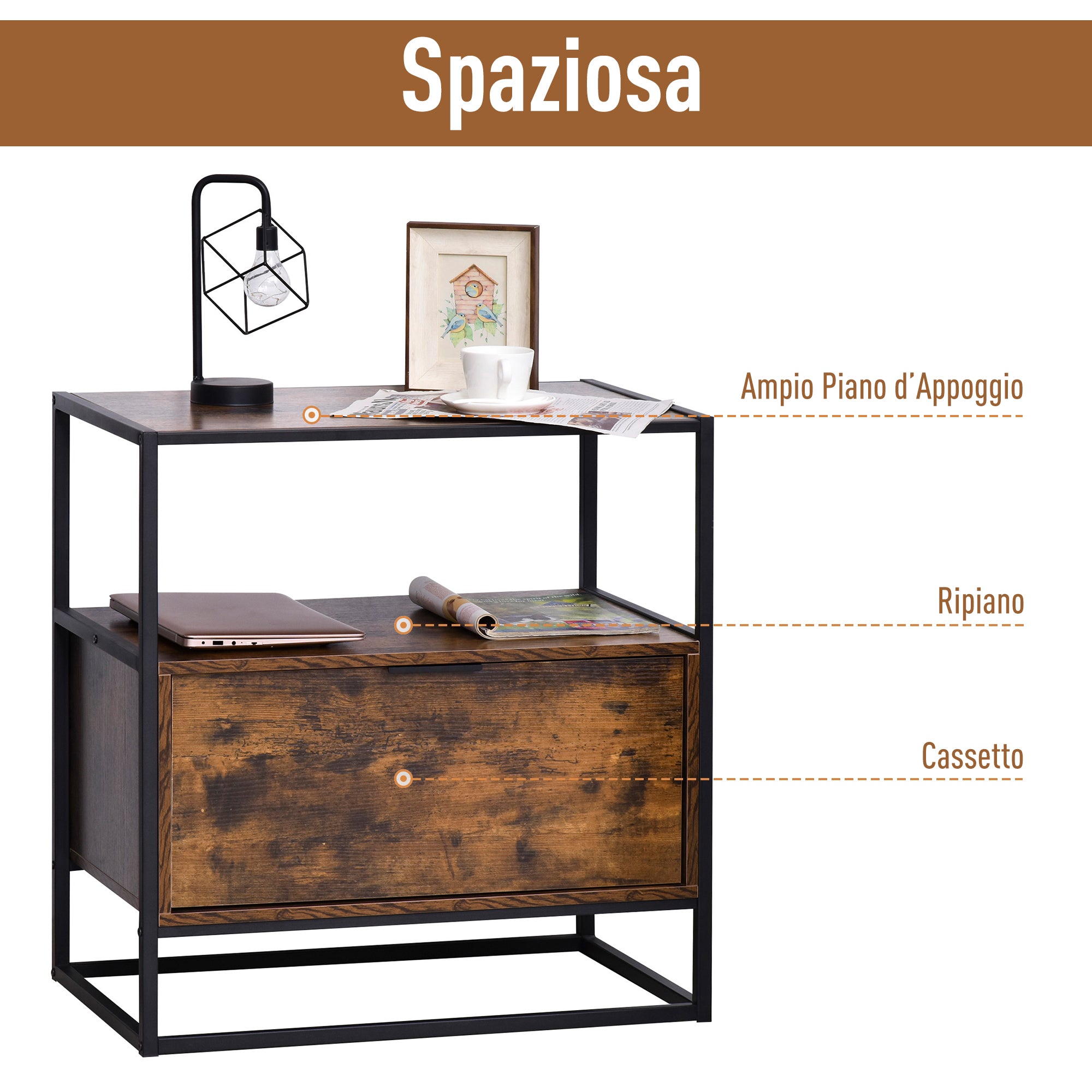 Mobile Credenza 1 Cassetto 73x45,5x76 cm in Legno e Metallo  Nera