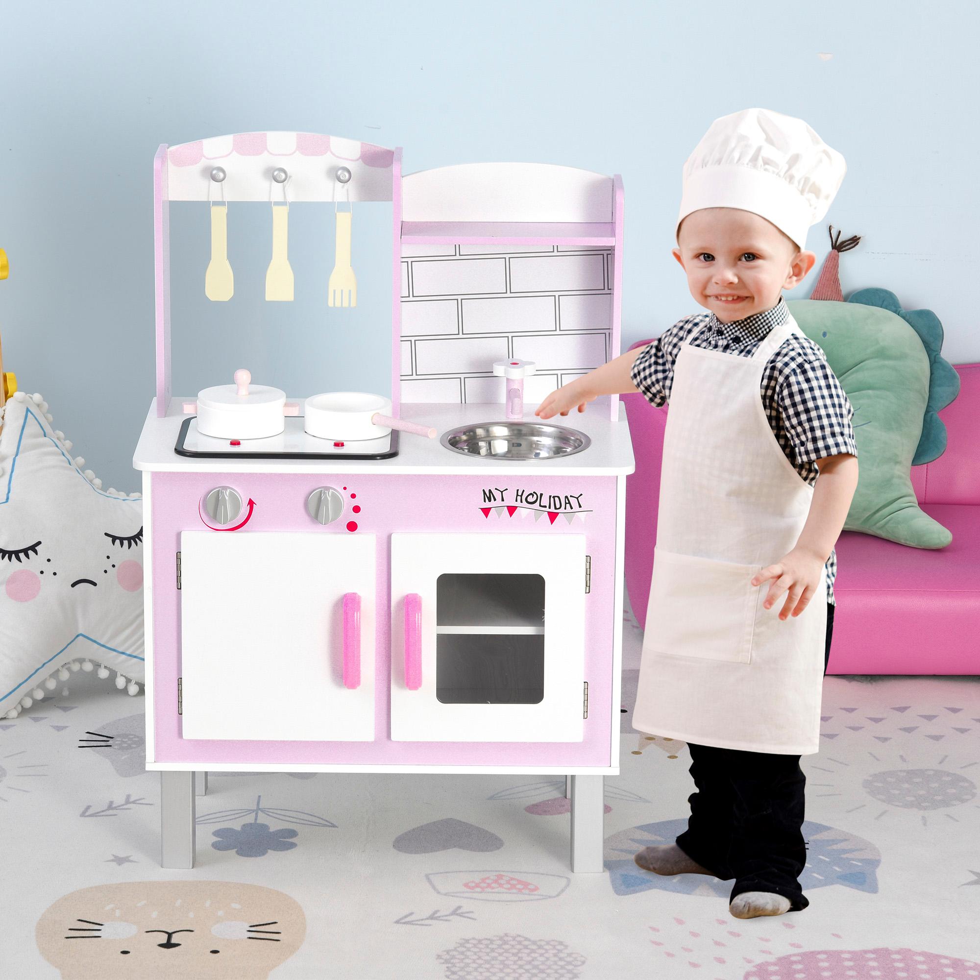 Cucina Giocattolo per Bambini 55x30x80 cm in Pino e MDF con Accessori  Rosa