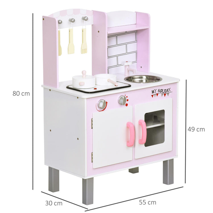 Cucina Giocattolo per Bambini 55x30x80 cm in Pino e MDF con Accessori  Rosa