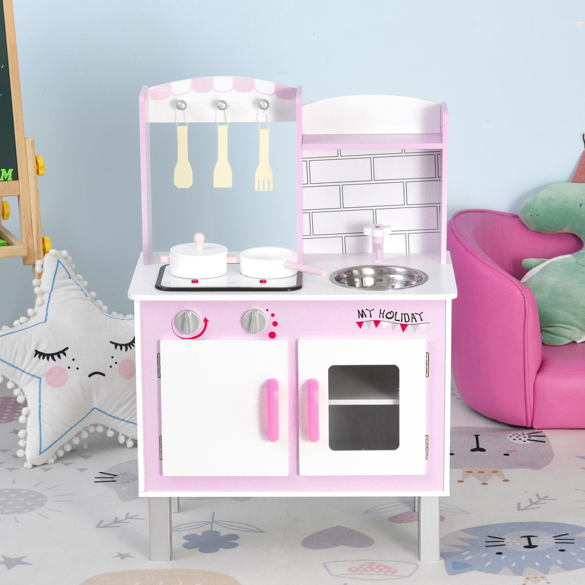 Cucina Giocattolo per Bambini 55x30x80 cm in Pino e MDF con Accessori  Rosa