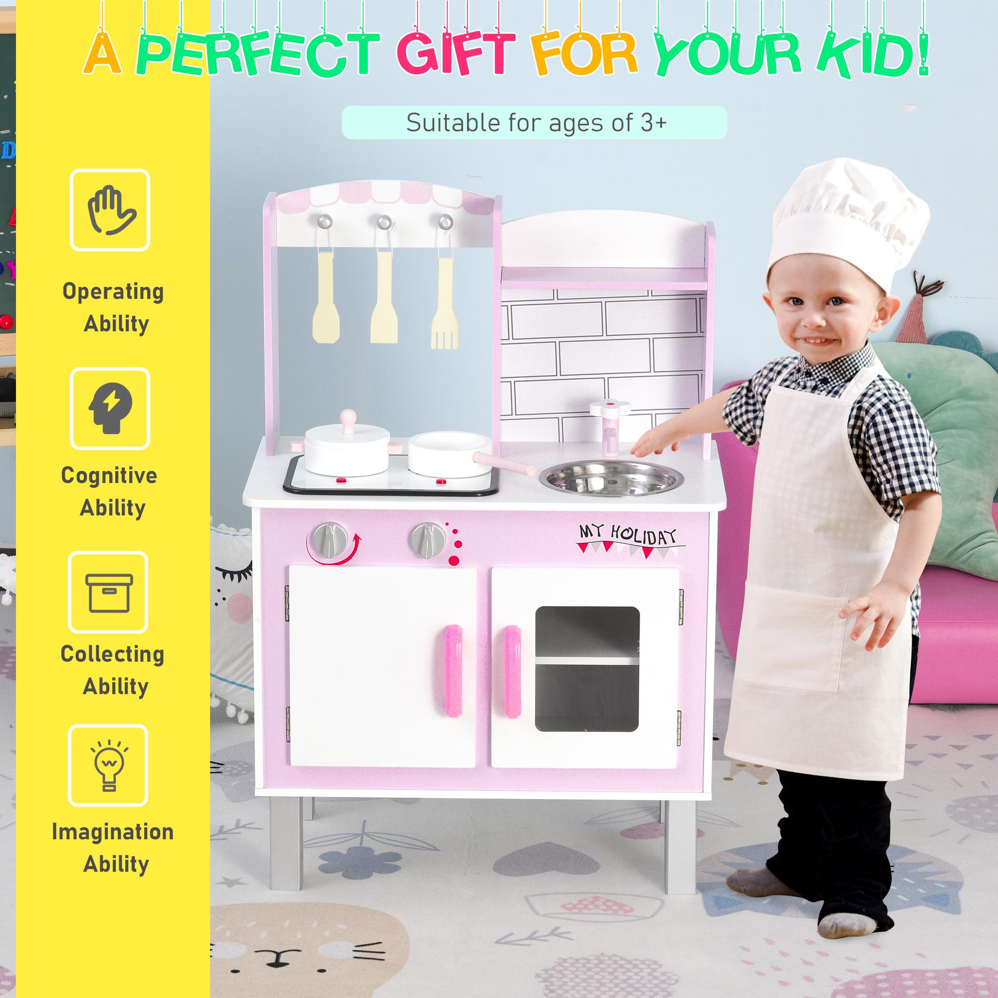 Cucina Giocattolo per Bambini 55x30x80 cm in Pino e MDF con Accessori  Rosa