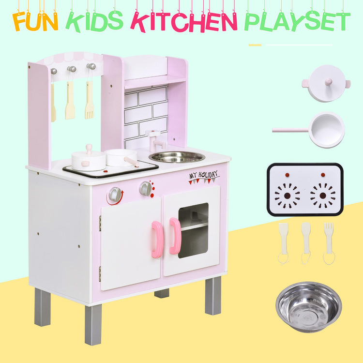 Cucina Giocattolo per Bambini 55x30x80 cm in Pino e MDF con Accessori  Rosa