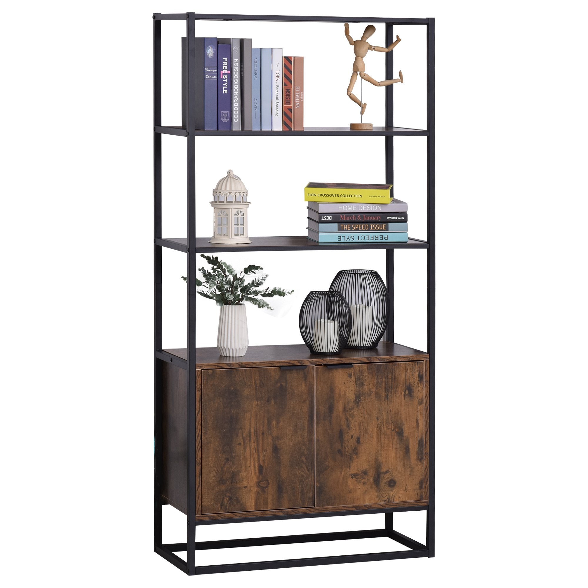 Libreria 3 Ripiani 2 Ante 76x33x162,5 cm in Legno e Metallo  Nero