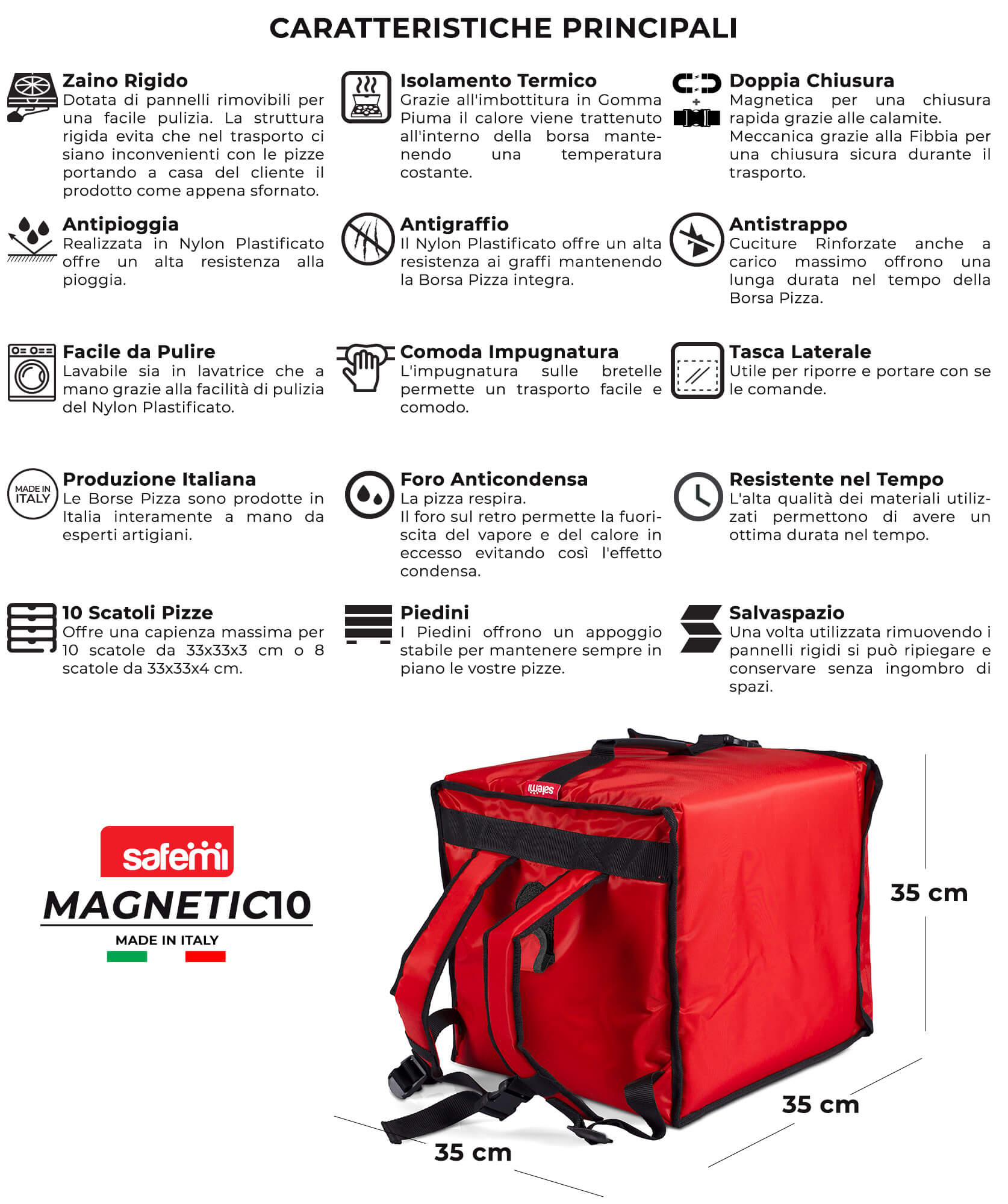 Zaino Termico Rigido Magnetico Porta Pizze da Asporto 10 Cartoni Safemi Magnetic 10 Rosso