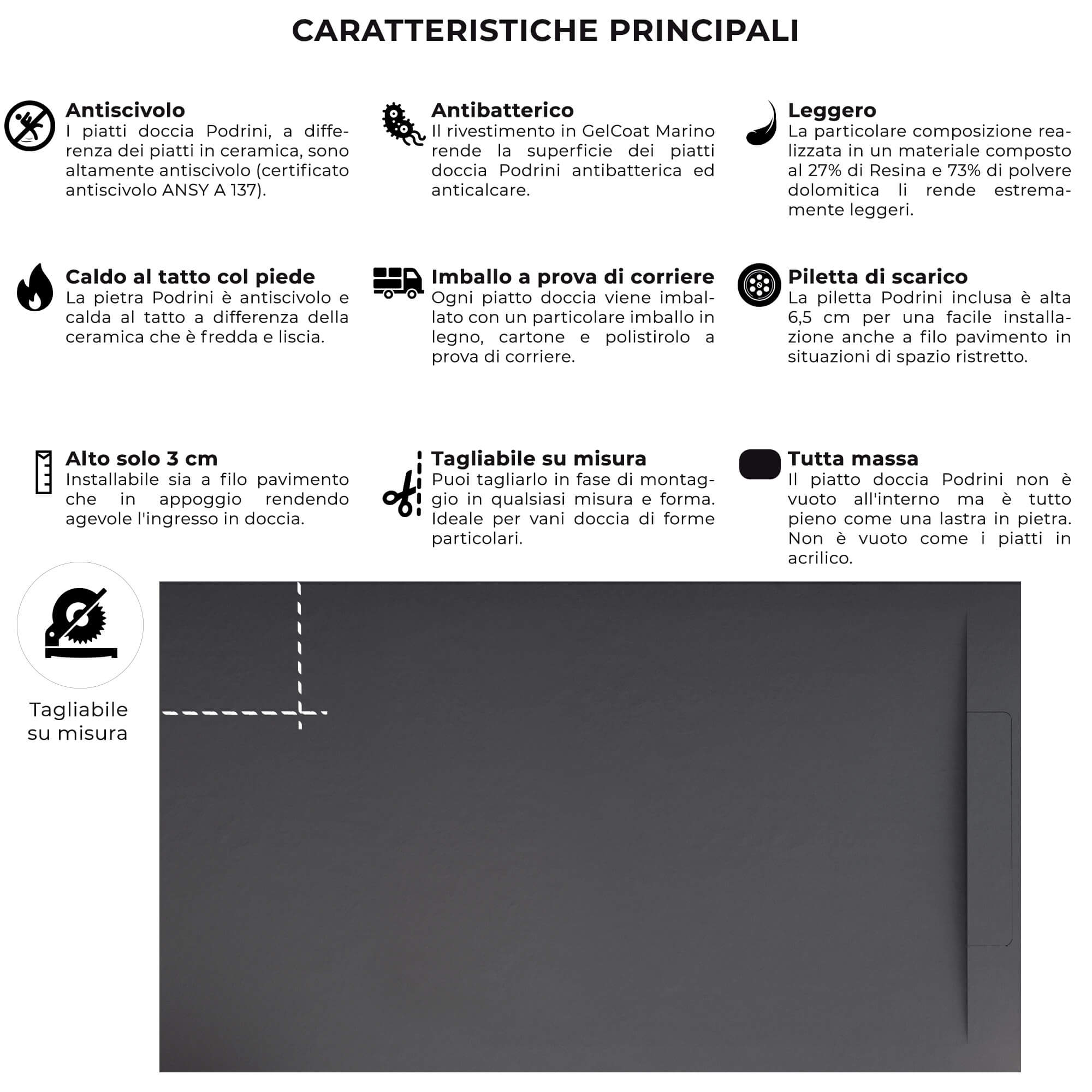 Piatto Doccia in Pietra 70x110 cm Bonussi Ardesia Calcutta Antracite