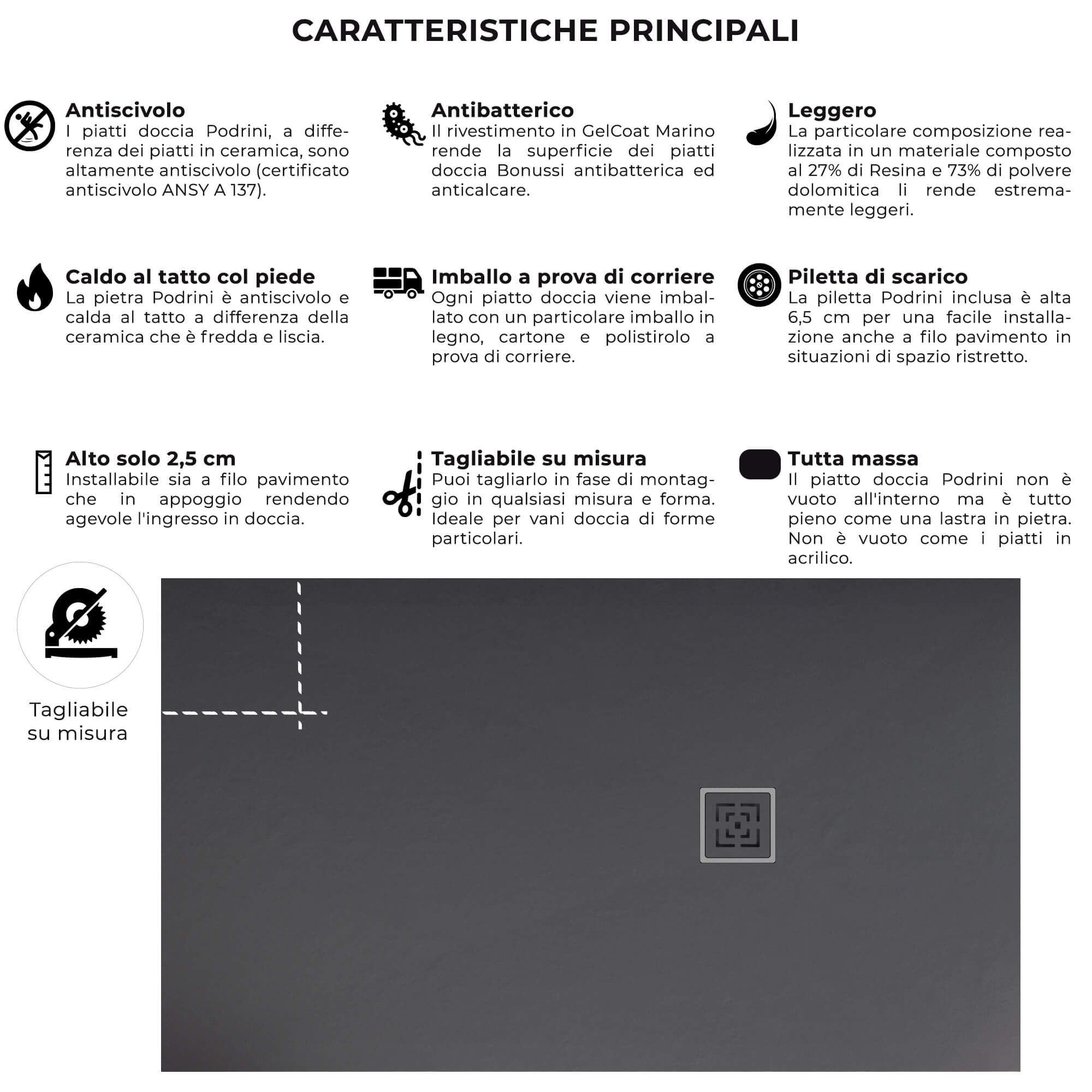 Piatto Doccia in Pietra Bonussi Canton Antracite 70x70 cm