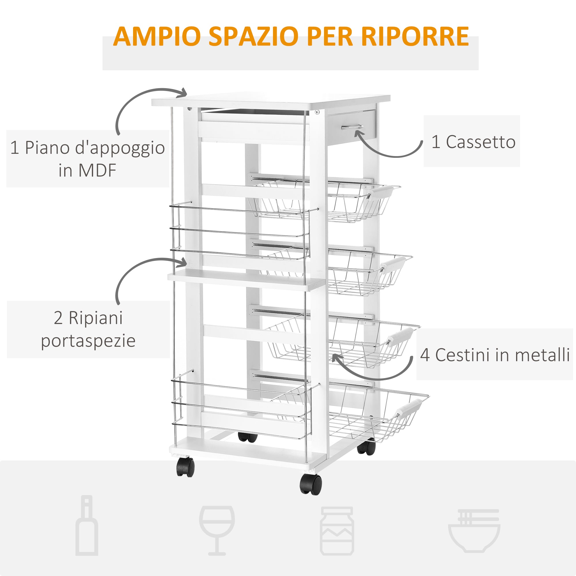 Carrello da Cucina 47x37x83 cm 2 Ripiani 4 Cestelli in Legno MDF  Bianco