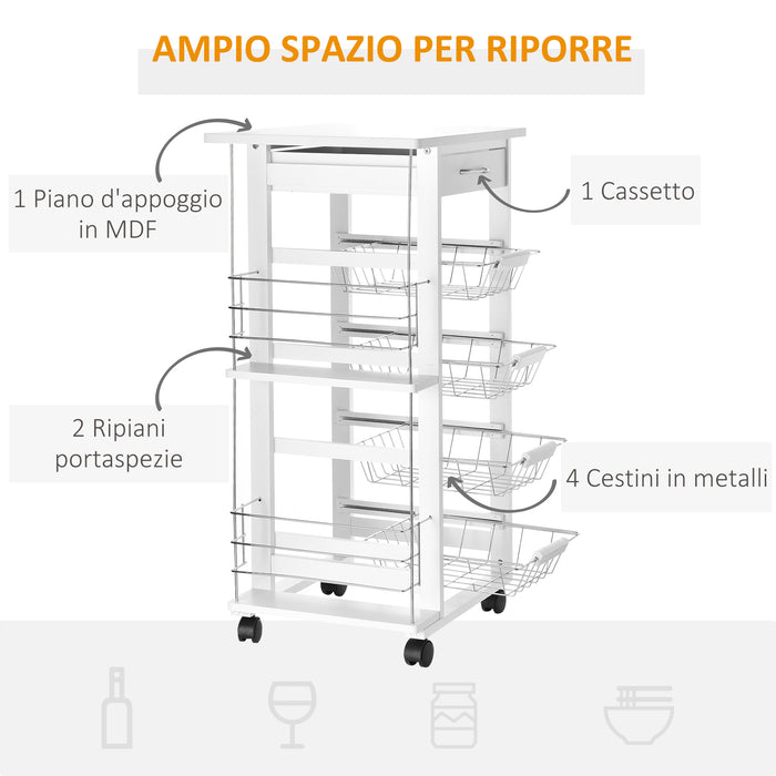 Carrello da Cucina 47x37x83 cm 2 Ripiani 4 Cestelli in Legno MDF  Bianco