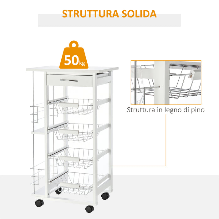 Carrello da Cucina 47x37x83 cm 2 Ripiani 4 Cestelli in Legno MDF  Bianco